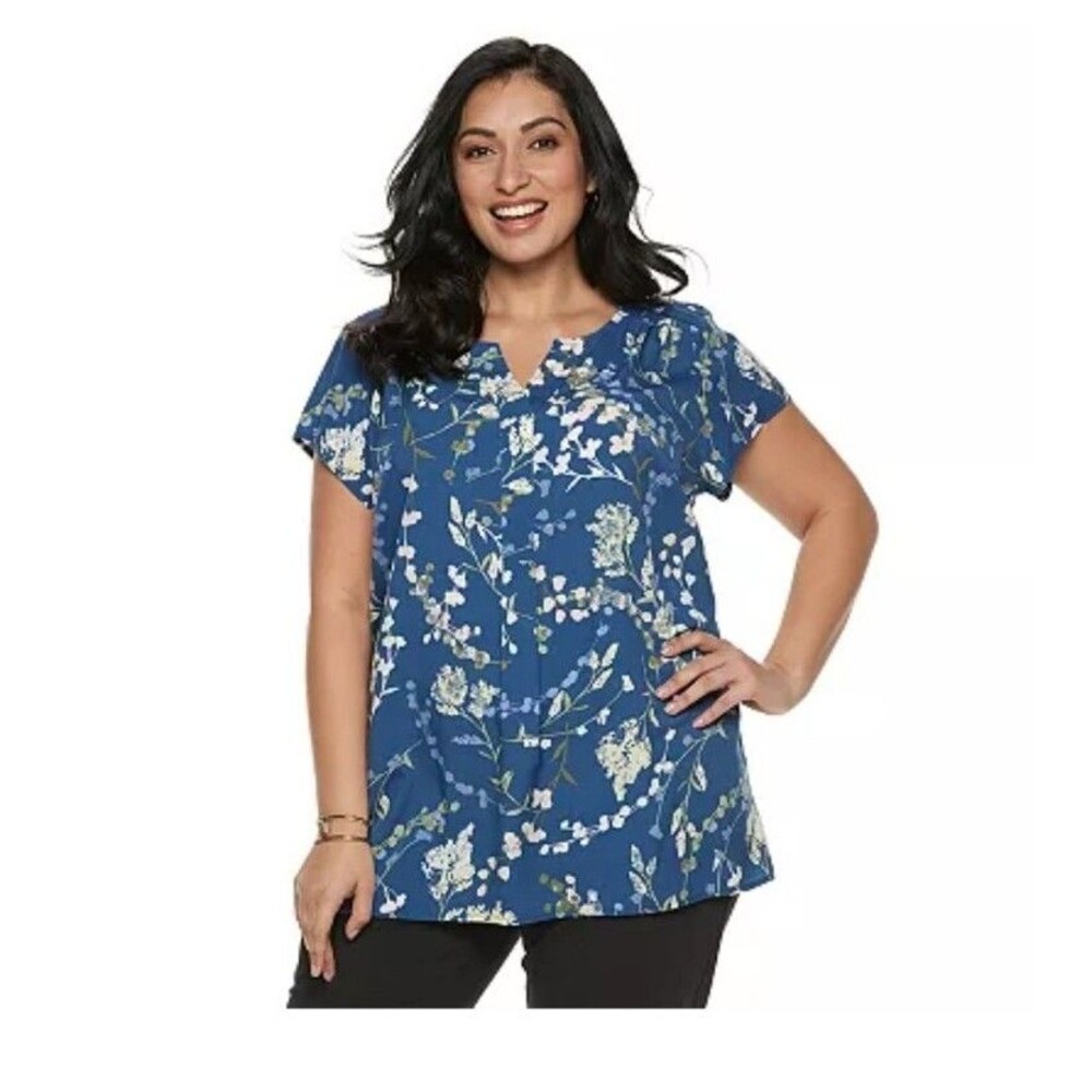 Croft & Barrow Blue Floral Short Sleeve V-Neck Pullover Blouse Plus Size 2X